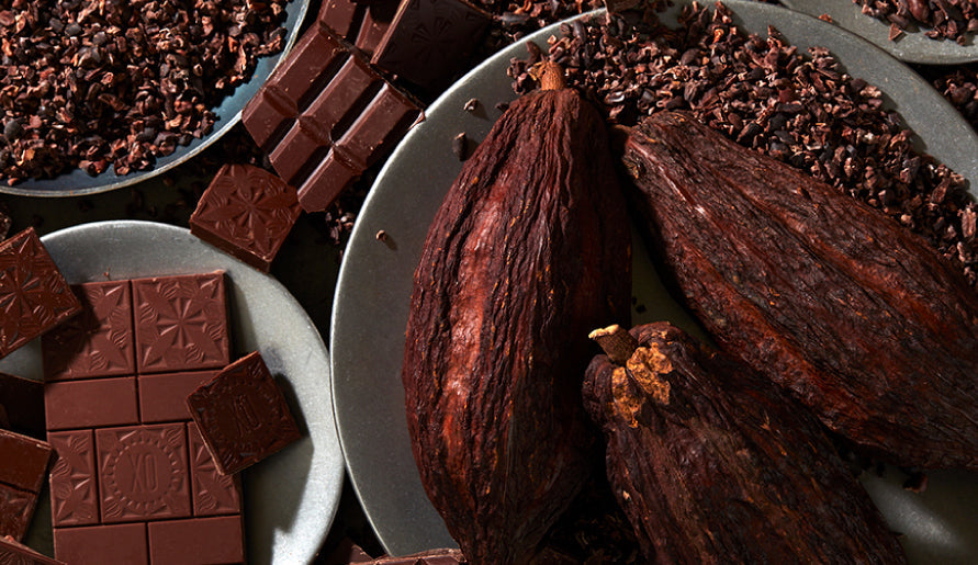 Dark chocolate bars, brown cacao nibs, brown cacao pods covering a table with the words Fathers Day Gift Ideas.