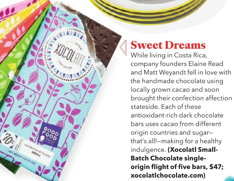 A write up of Xocolatl's Single Origin Flight of Five chocolate bar set on a page inside an issue of