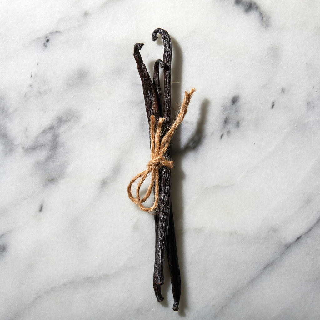 Three shiny, black, whole vanilla bean pods tied together with twine on a white background.