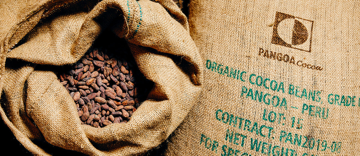 Bags of raw cacao beans imported from San Martin De Pangoa, Peru
