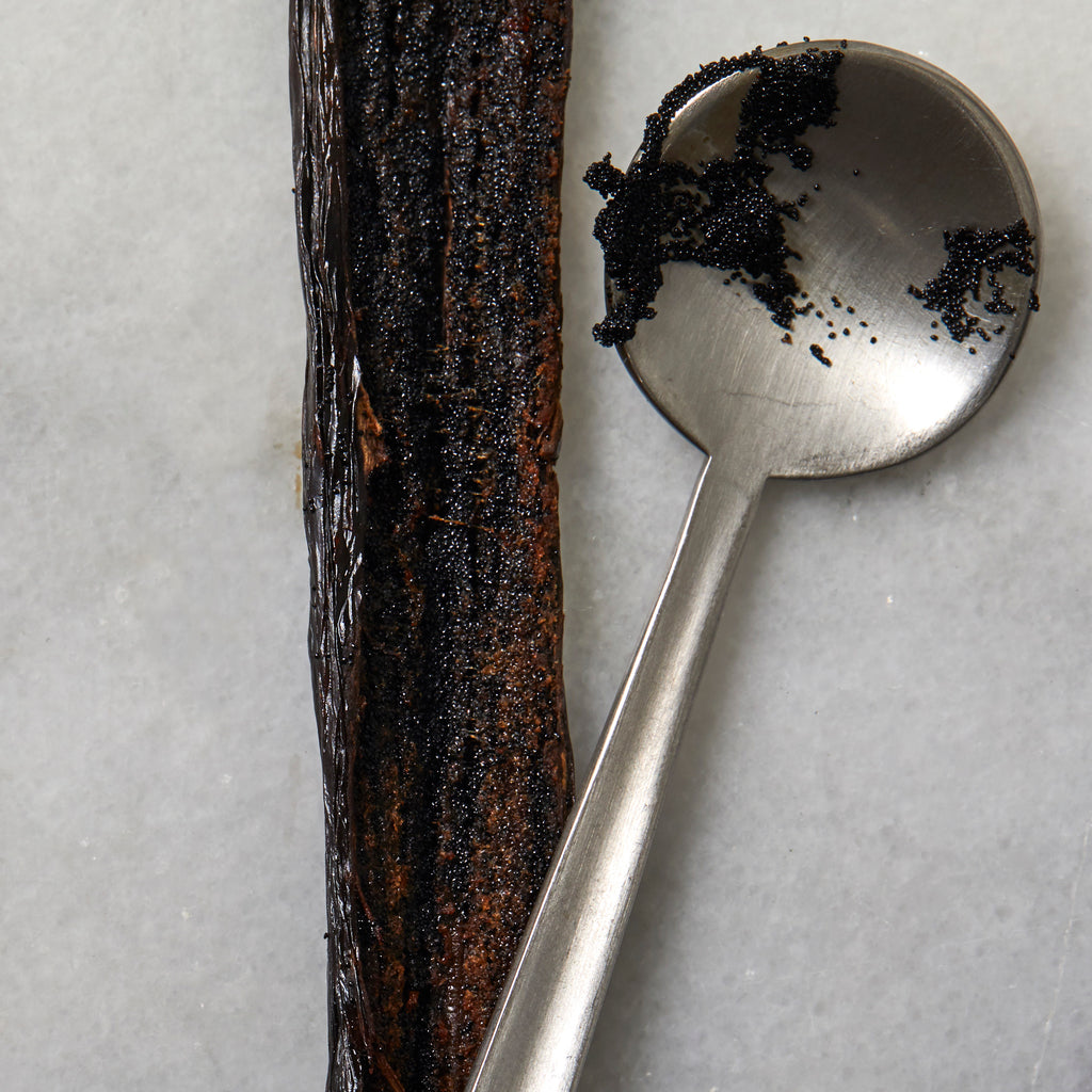 A silver spoon covered in black vanilla seeds like caviar beside a vanilla pod that has been split open to reveal the vanilla seeds inside.
